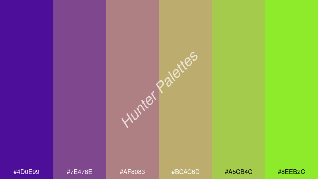 terracotta szín palettája a következőkkel: #4d0e99 #7e478e #af8083 #bcac6d #a5cb4c #8eeb2c