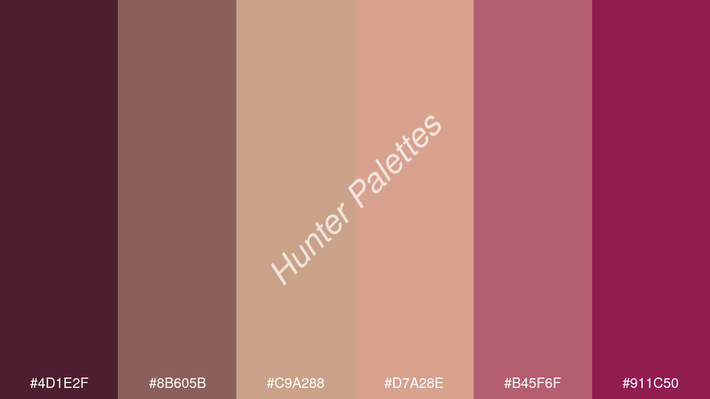 bézs szín palettája a következőkkel: #4d1e2f #8b605b #c9a288 #d7a28e #b45f6f #911c50