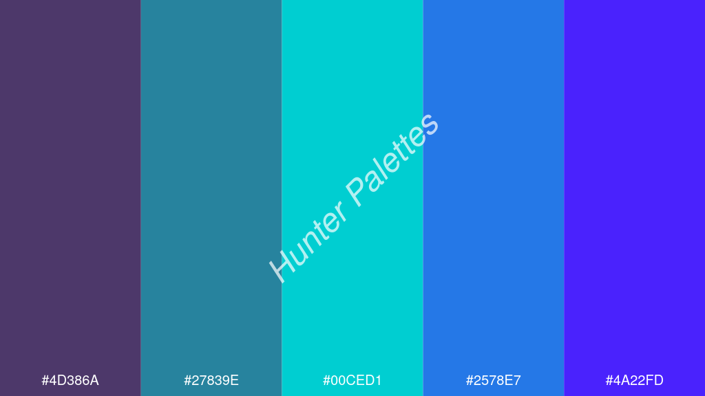 sötét türkiz szín palettája a következőkkel: #4d386a #27839e #00ced1 #2578e7 #4a22fd