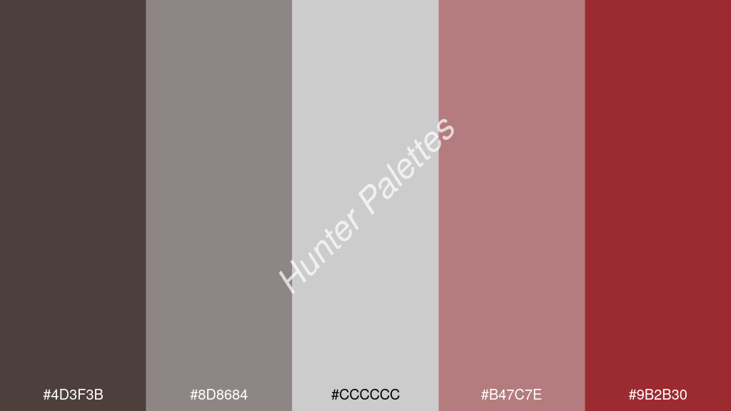 cccccc szín palettája a következőkkel: #4d3f3b #8d8684 #cccccc #b47c7e #9b2b30