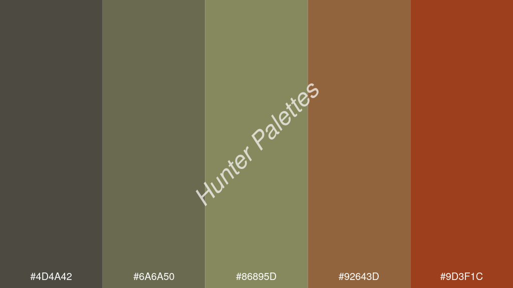 olívazöld szín palettája a következőkkel: #4d4a42 #6a6a50 #86895d #92643d #9d3f1c