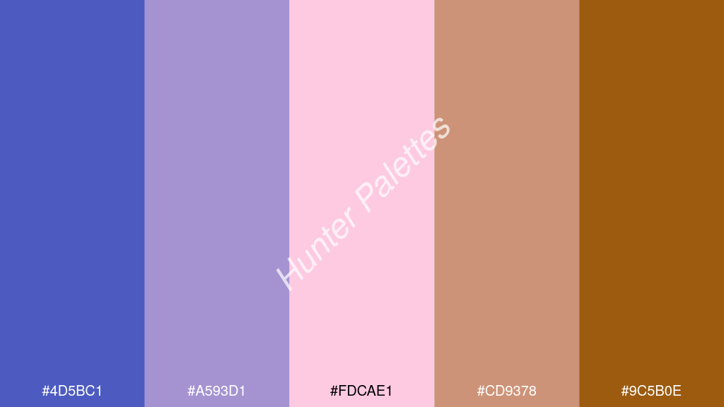 pasztell rózsaszín szín palettája a következőkkel: #4d5bc1 #a593d1 #fdcae1 #cd9378 #9c5b0e