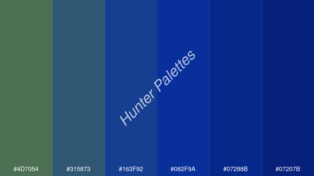 királykék szín palettája a következőkkel: #4d7054 #315873 #163f92 #082f9a #07288b #07207b