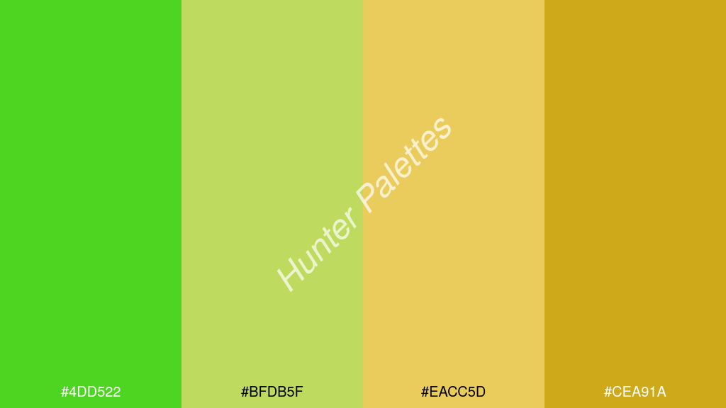 jázmin szín palettája a következőkkel: #4dd522 #bfdb5f #eacc5d #cea91a