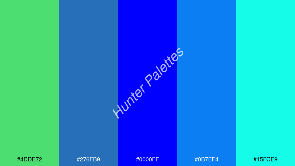 kék szín palettája a következőkkel: #4dde72 #276fb9 #0000ff #0b7ef4 #15fce9
