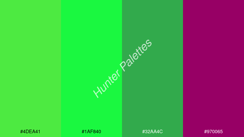 fluoreszkáló zöld szín palettája a következőkkel: #4dea41 #1af840 #32aa4c #970065