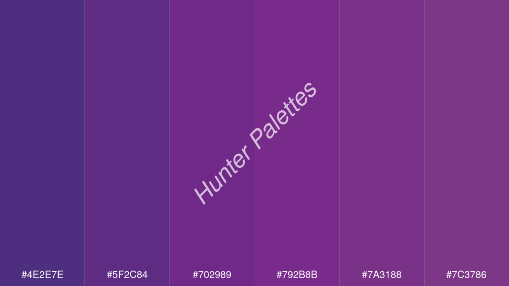 ibolya szín palettája a következőkkel: #4e2e7e #5f2c84 #702989 #792b8b #7a3188 #7c3786