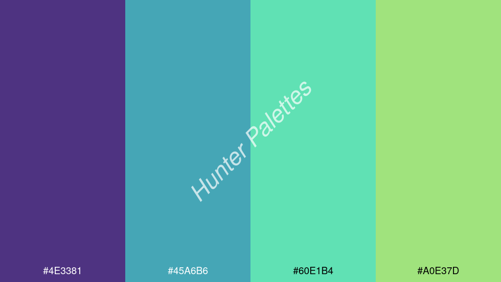 türkiz szín palettája a következőkkel: #4e3381 #45a6b6 #60e1b4 #a0e37d