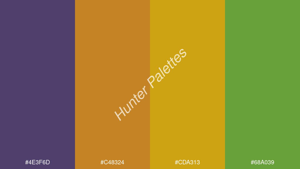 narancssárga szín palettája a következőkkel: #4e3f6d #c48324 #cda313 #68a039