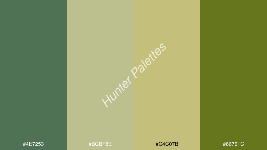vanília szín palettája a következőkkel: #4e7253 #bcbf8e #c4c07b #66761c