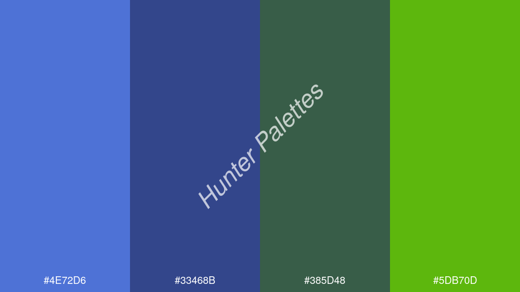 kobaltkék szín palettája a következőkkel: #4e72d6 #33468b #385d48 #5db70d