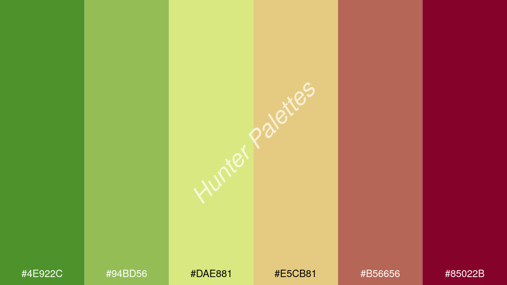 pasztell sárga szín palettája a következőkkel: #4e922c #94bd56 #dae881 #e5cb81 #b56656 #85022b