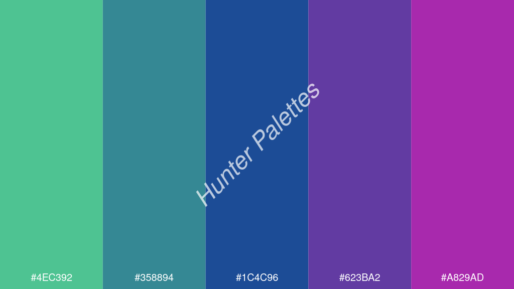 indigókék szín palettája a következőkkel: #4ec392 #358894 #1c4c96 #623ba2 #a829ad