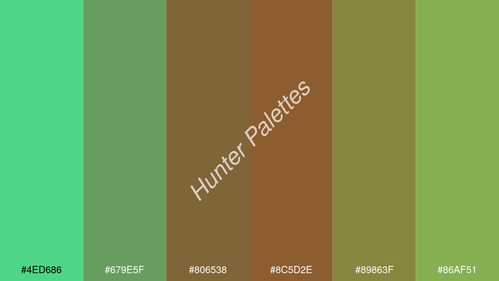 barna szín palettája a következőkkel: #4ed686 #679e5f #806538 #8c5d2e #89863f #86af51