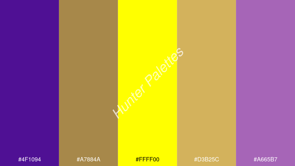 sárga szín palettája a következőkkel: #4f1094 #a7884a #ffff00 #d3b25c #a665b7