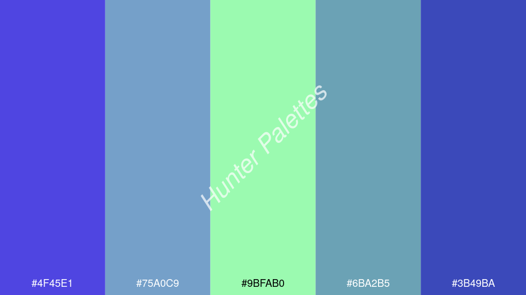 menta szín palettája a következőkkel: #4f45e1 #75a0c9 #9bfab0 #6ba2b5 #3b49ba