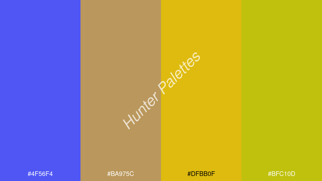 arany szín palettája a következőkkel: #4f56f4 #ba975c #dfbb0f #bfc10d