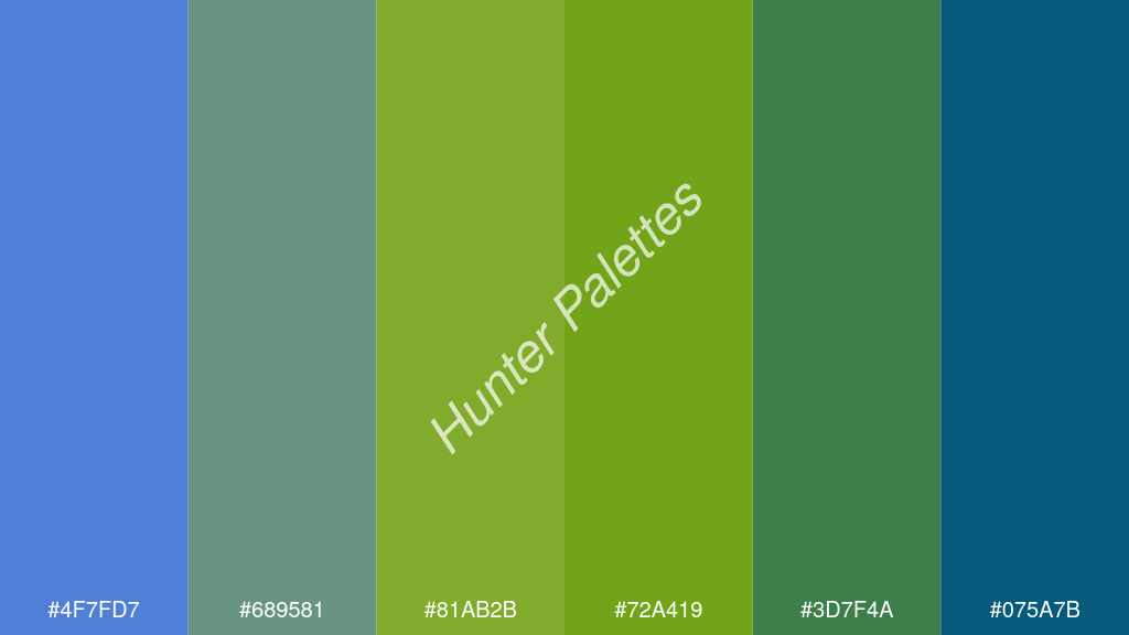 alma zöld szín palettája a következőkkel: #4f7fd7 #689581 #81ab2b #72a419 #3d7f4a #075a7b
