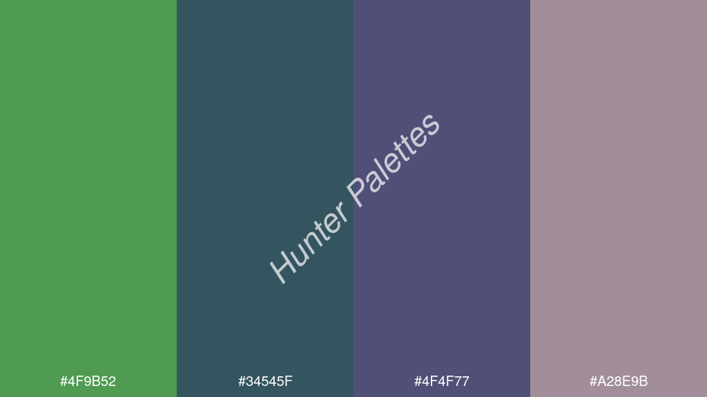 kobaltkék szín palettája a következőkkel: #4f9b52 #34545f #4f4f77 #a28e9b