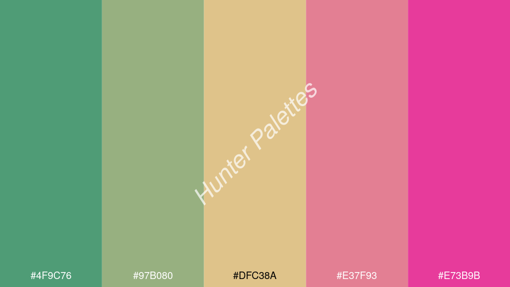 khaki szín palettája a következőkkel: #4f9c76 #97b080 #dfc38a #e37f93 #e73b9b