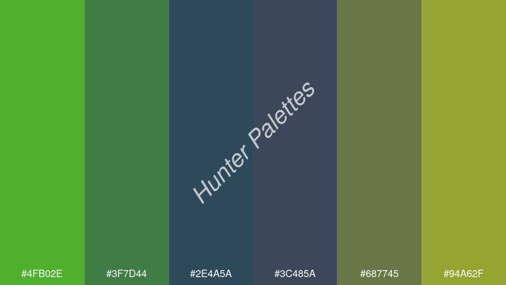 kobaltkék szín palettája a következőkkel: #4fb02e #3f7d44 #2e4a5a #3c485a #687745 #94a62f