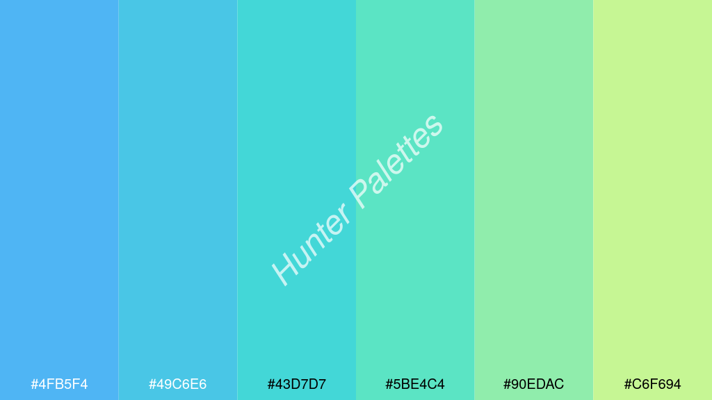 türkiz szín palettája a következőkkel: #4fb5f4 #49c6e6 #43d7d7 #5be4c4 #90edac #c6f694