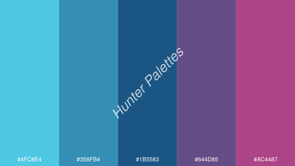 Capri kék szín palettája a következőkkel: #4fc8e4 #358fb4 #1b5583 #644d85 #ac4487
