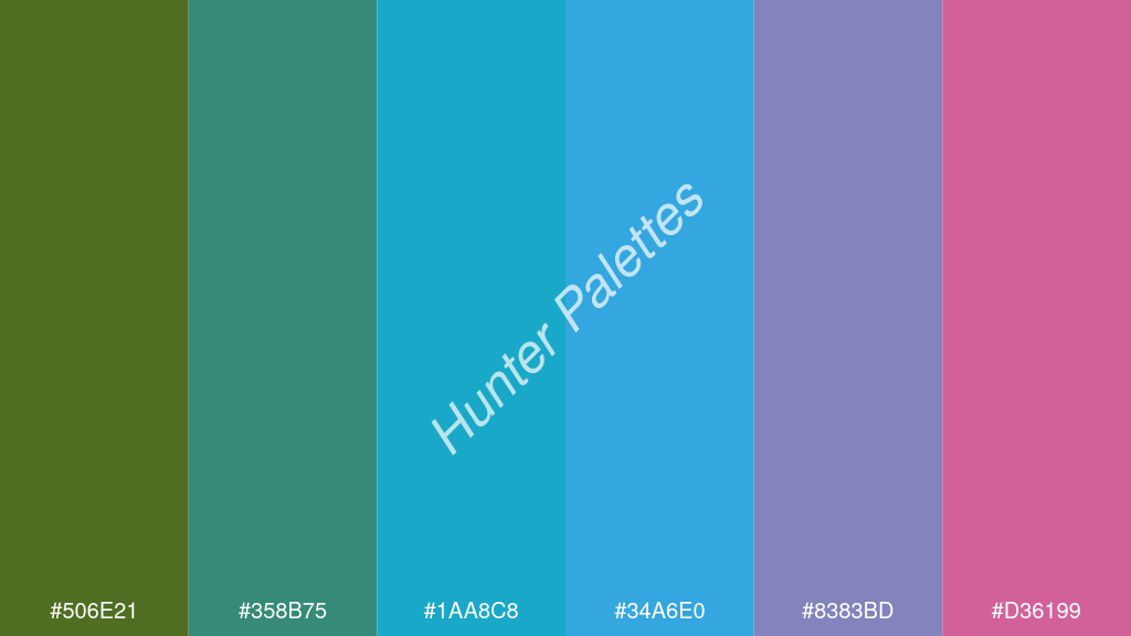 égszínkék szín palettája a következőkkel: #506e21 #358b75 #1aa8c8 #34a6e0 #8383bd #d36199