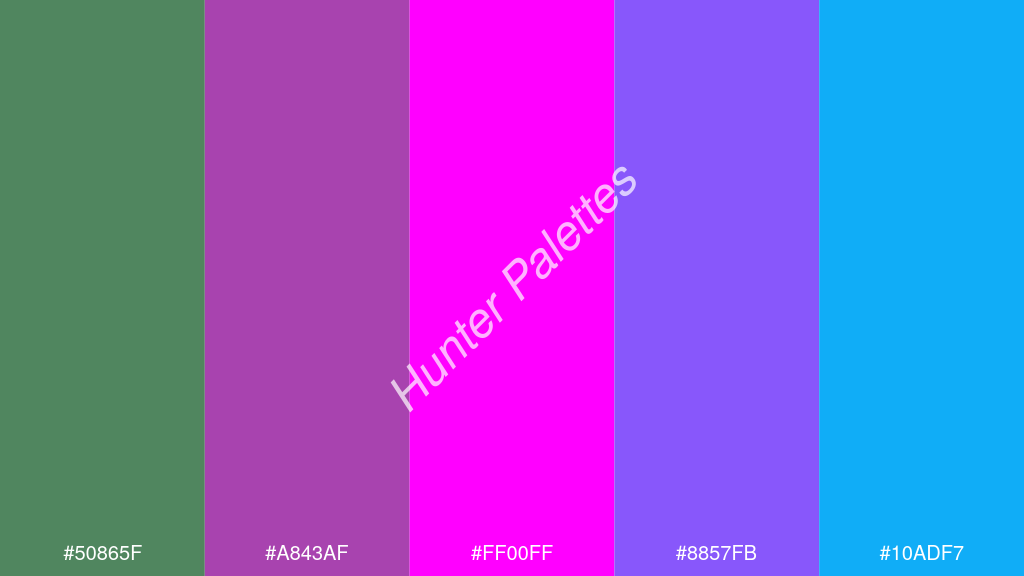 magenta szín palettája a következőkkel: #50865f #a843af #ff00ff #8857fb #10adf7