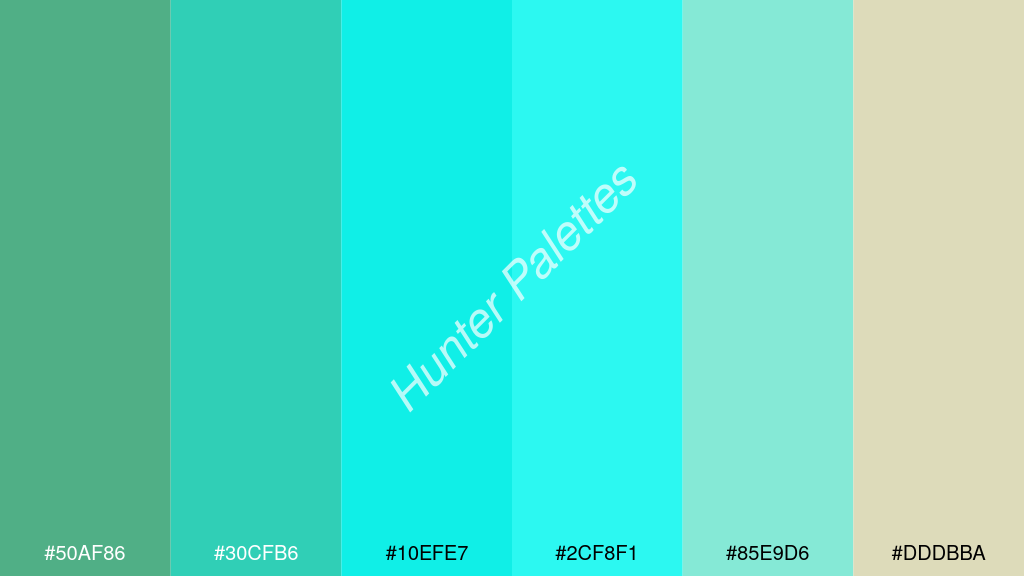 cián szín palettája a következőkkel: #50af86 #30cfb6 #10efe7 #2cf8f1 #85e9d6 #dddbba