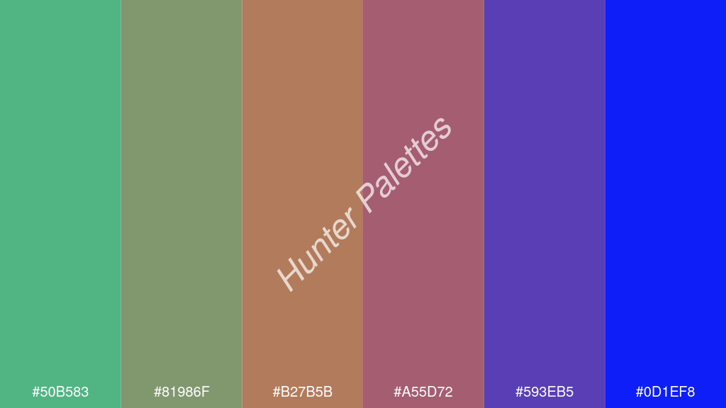 réz szín palettája a következőkkel: #50b583 #81986f #b27b5b #a55d72 #593eb5 #0d1ef8