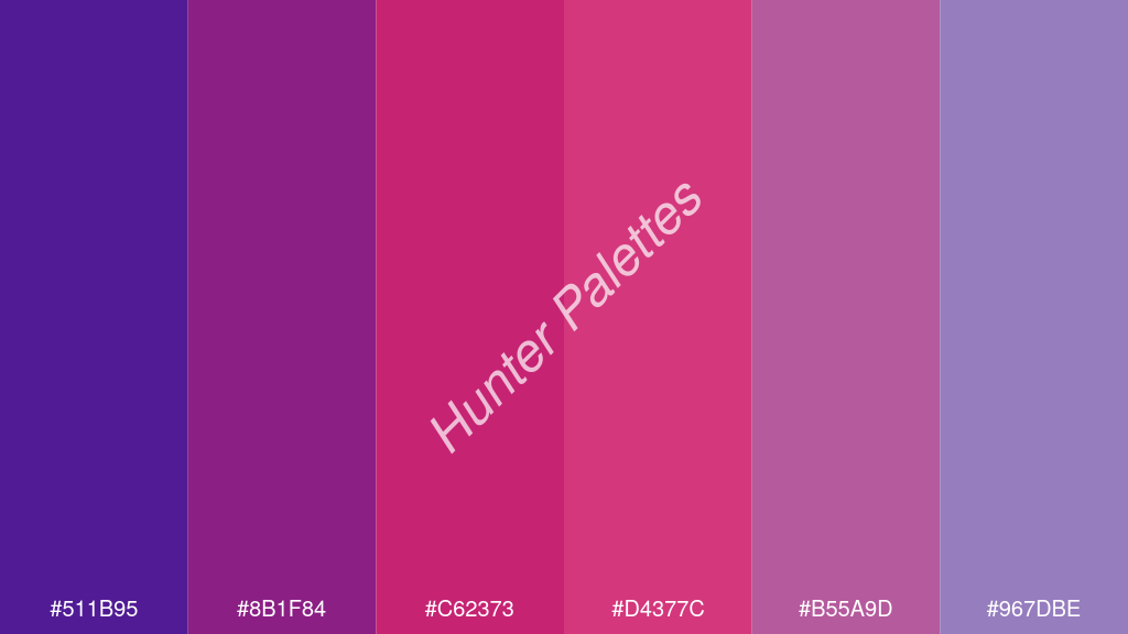 razzmatazz szín palettája a következőkkel: #511b95 #8b1f84 #c62373 #d4377c #b55a9d #967dbe