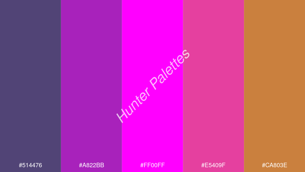 magenta szín palettája a következőkkel: #514476 #a822bb #ff00ff #e5409f #ca803e