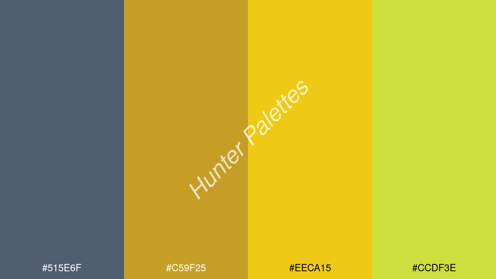 borostyán szín palettája a következőkkel: #515e6f #c59f25 #eeca15 #ccdf3e