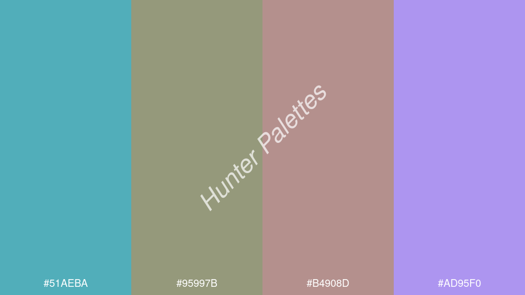 kalua szín palettája a következőkkel: #51aeba #95997b #b4908d #ad95f0