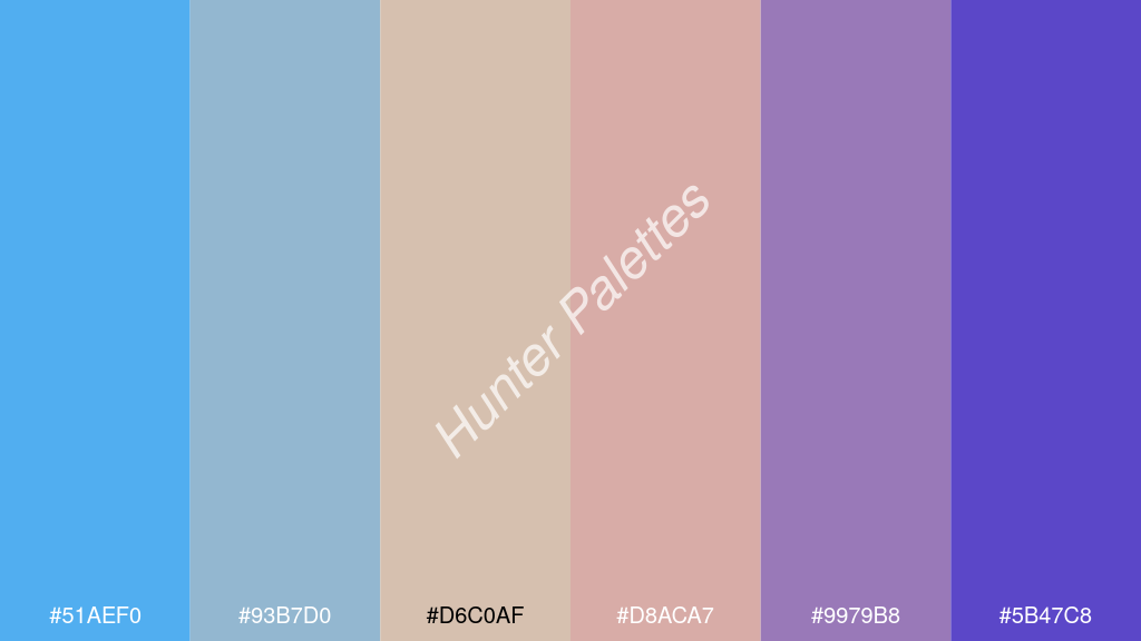 őszibarack szín palettája a következőkkel: #51aef0 #93b7d0 #d6c0af #d8aca7 #9979b8 #5b47c8