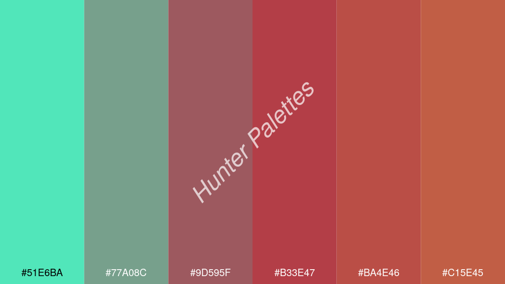 gránát szín palettája a következőkkel: #51e6ba #77a08c #9d595f #b33e47 #ba4e46 #c15e45