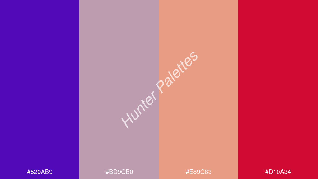 vanília szín palettája a következőkkel: #520ab9 #bd9cb0 #e89c83 #d10a34