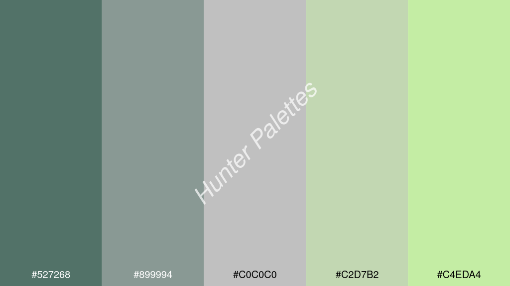 ezüstszürke szín palettája a következőkkel: #527268 #899994 #c0c0c0 #c2d7b2 #c4eda4