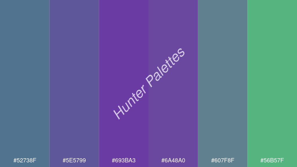 szőlő szín palettája a következőkkel: #52738f #5e5799 #693ba3 #6a48a0 #607f8f #56b57f