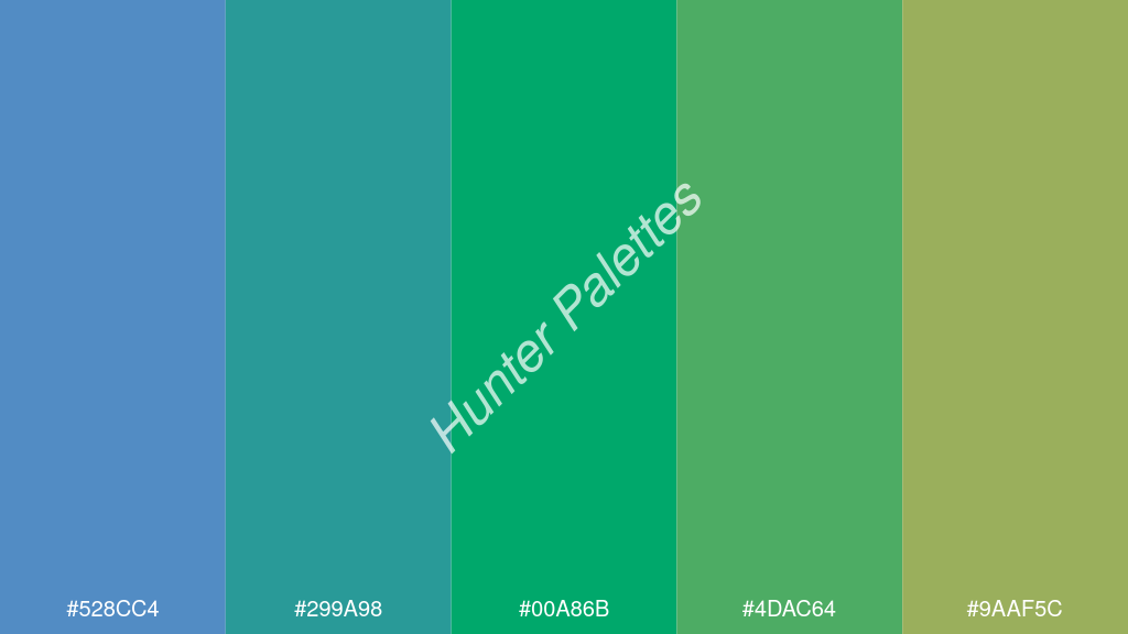 jáde szín palettája a következőkkel: #528cc4 #299a98 #00a86b #4dac64 #9aaf5c