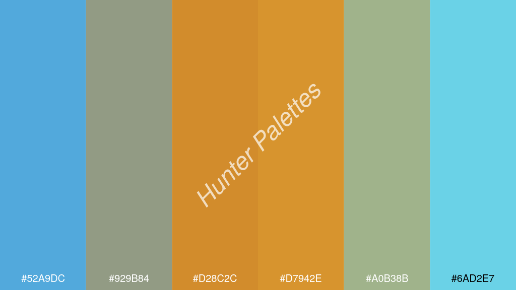 mandarin szín palettája a következőkkel: #52a9dc #929b84 #d28c2c #d7942e #a0b38b #6ad2e7