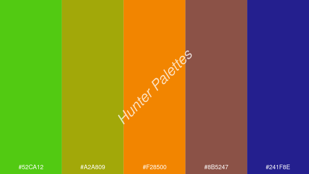 mandarin szín palettája a következőkkel: #52ca12 #a2a809 #f28500 #8b5247 #241f8e