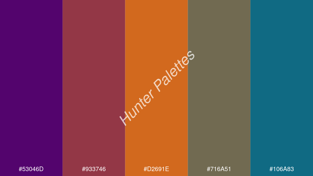 fahéj szín palettája a következőkkel: #53046d #933746 #d2691e #716a51 #106a83