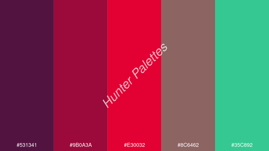 skarlát szín palettája a következőkkel: #531341 #9b0a3a #e30032 #8c6462 #35c892