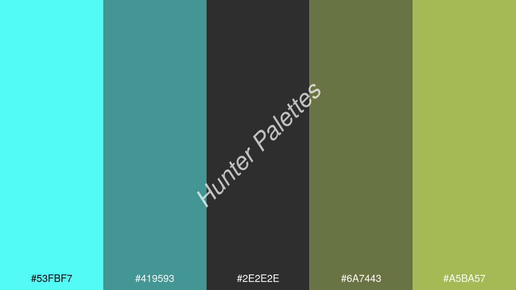 sötét szürke szín palettája a következőkkel: #53fbf7 #419593 #2e2e2e #6a7443 #a5ba57