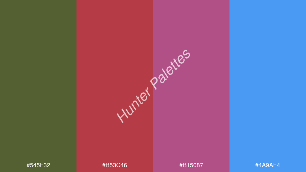 amarant szín palettája a következőkkel: #545f32 #b53c46 #b15087 #4a9af4