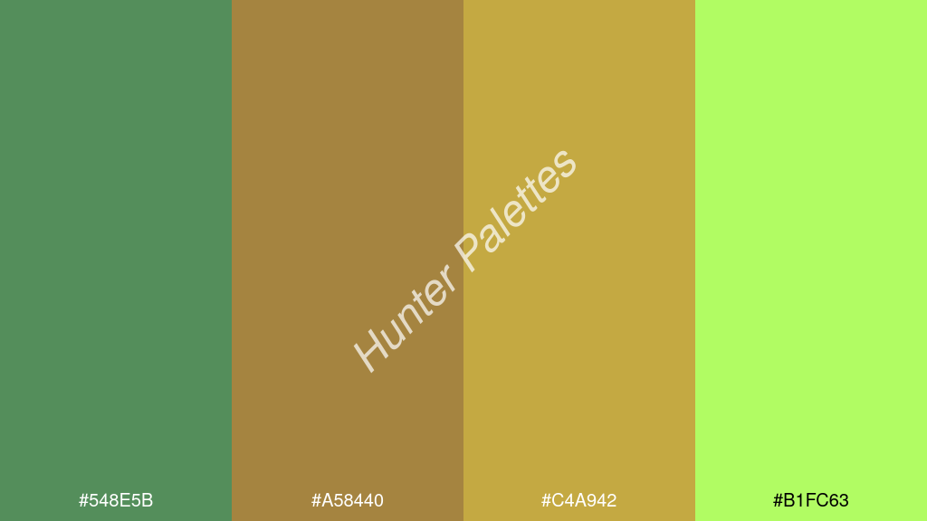 bronz szín palettája a következőkkel: #548e5b #a58440 #c4a942 #b1fc63