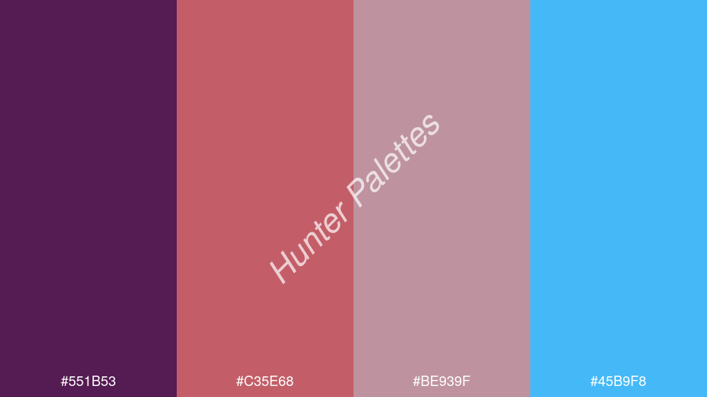 lazac szín palettája a következőkkel: #551b53 #c35e68 #be939f #45b9f8