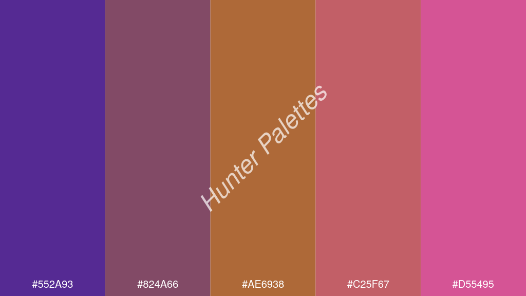 karamell szín palettája a következőkkel: #552a93 #824a66 #ae6938 #c25f67 #d55495
